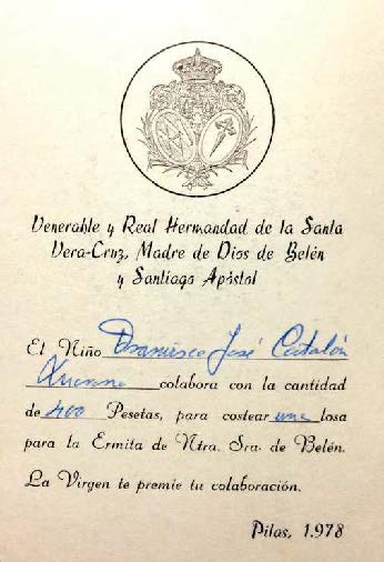 Estampa que se le entregó a los niños que donaron la solería de la Ermita.