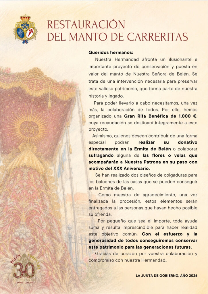 Carta a los Hermanos para donativos de restauración del manto de Carreritas